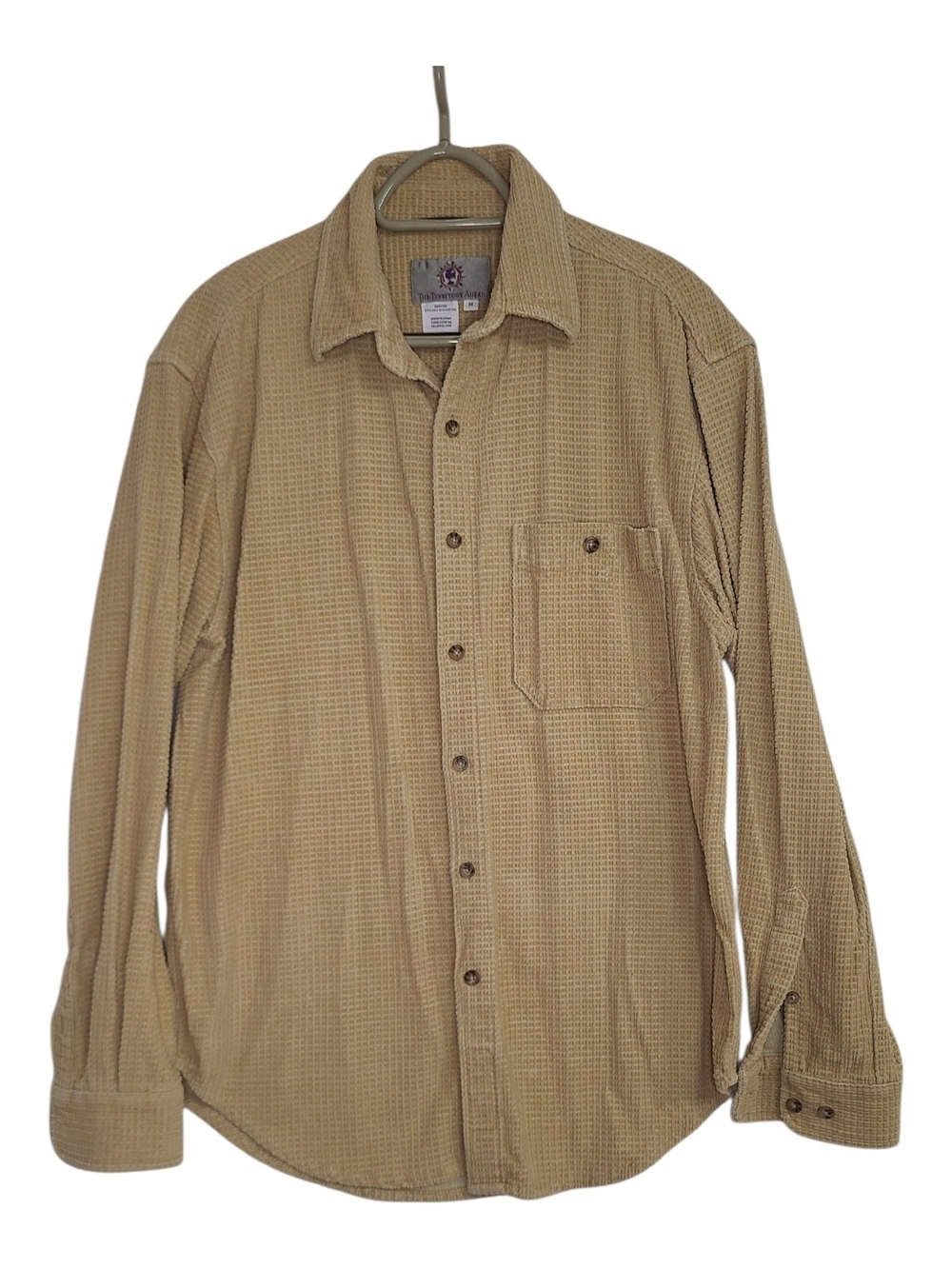 VTG 90s The Territory Ahead Silk Cotton Waffle Grid Shirt Tan Medium